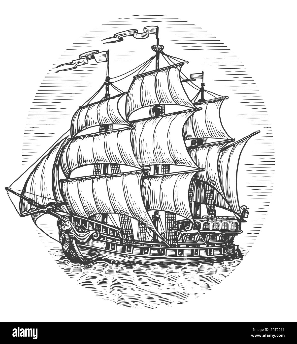 Ship with sails, illustration. Vintage sailboat at sea, sketch in engraving style Stock Photo