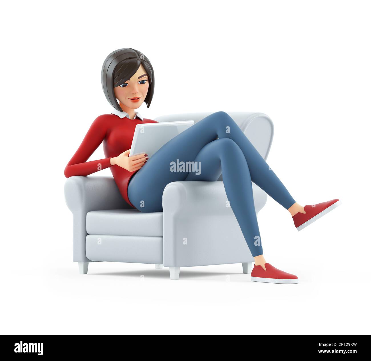 3d casual girl sitting in armchair with tablet, illustration isolated on white background Stock Photo