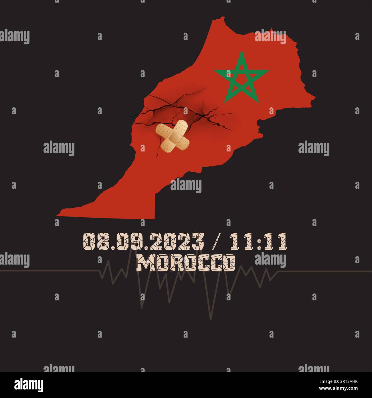 Catastrophic devastating earthquake in Morocco. Natural disaster in Marrakech, High Atlas mountain range on 8.9.2023. Massive cracks Moroccan flag map Stock Vector