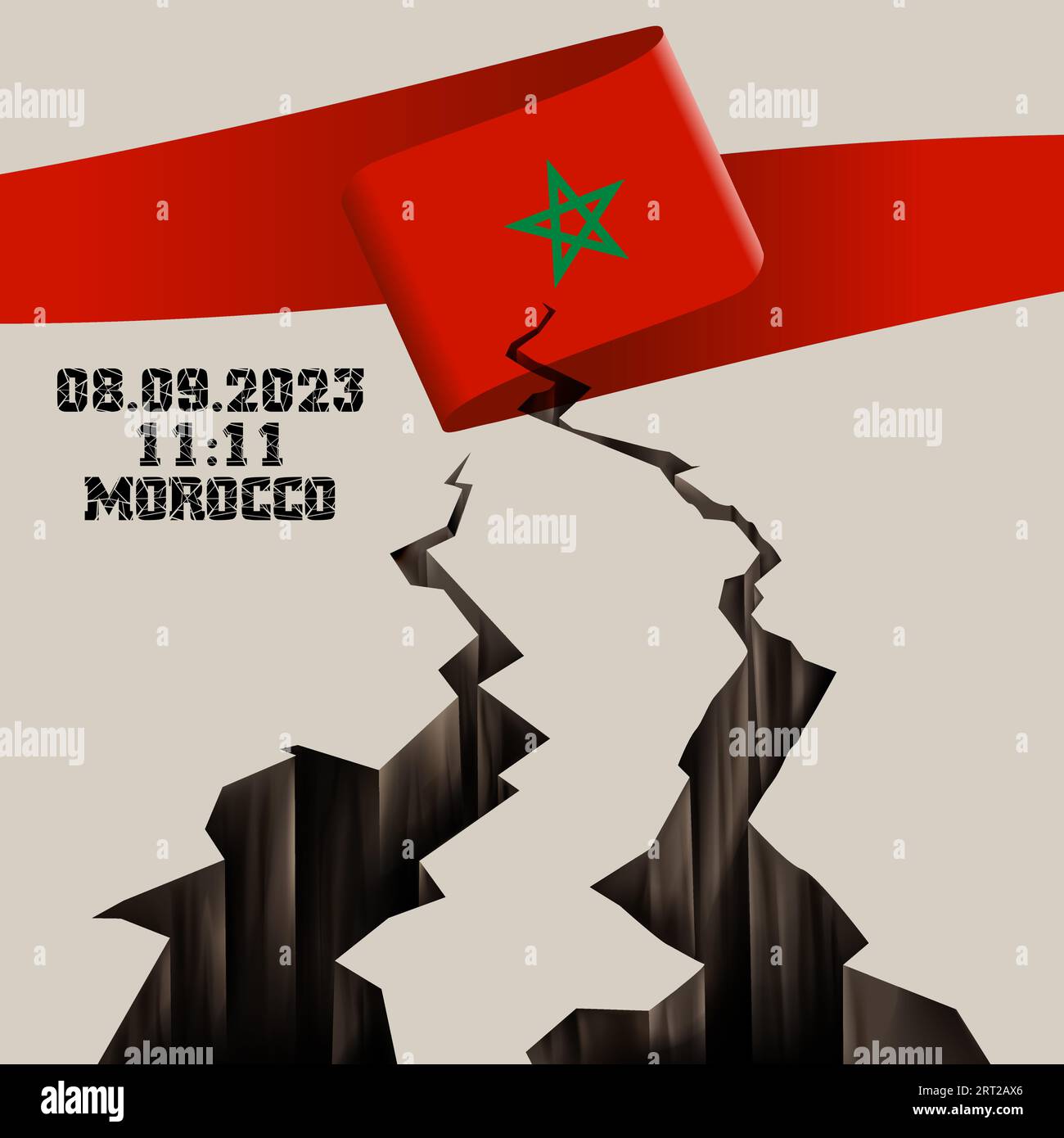 Catastrophic devastating earthquake in Morocco. Natural disaster in Marrakech, High Atlas mountain range on 8.9.2023. Massive cracks Moroccan flag map Stock Vector