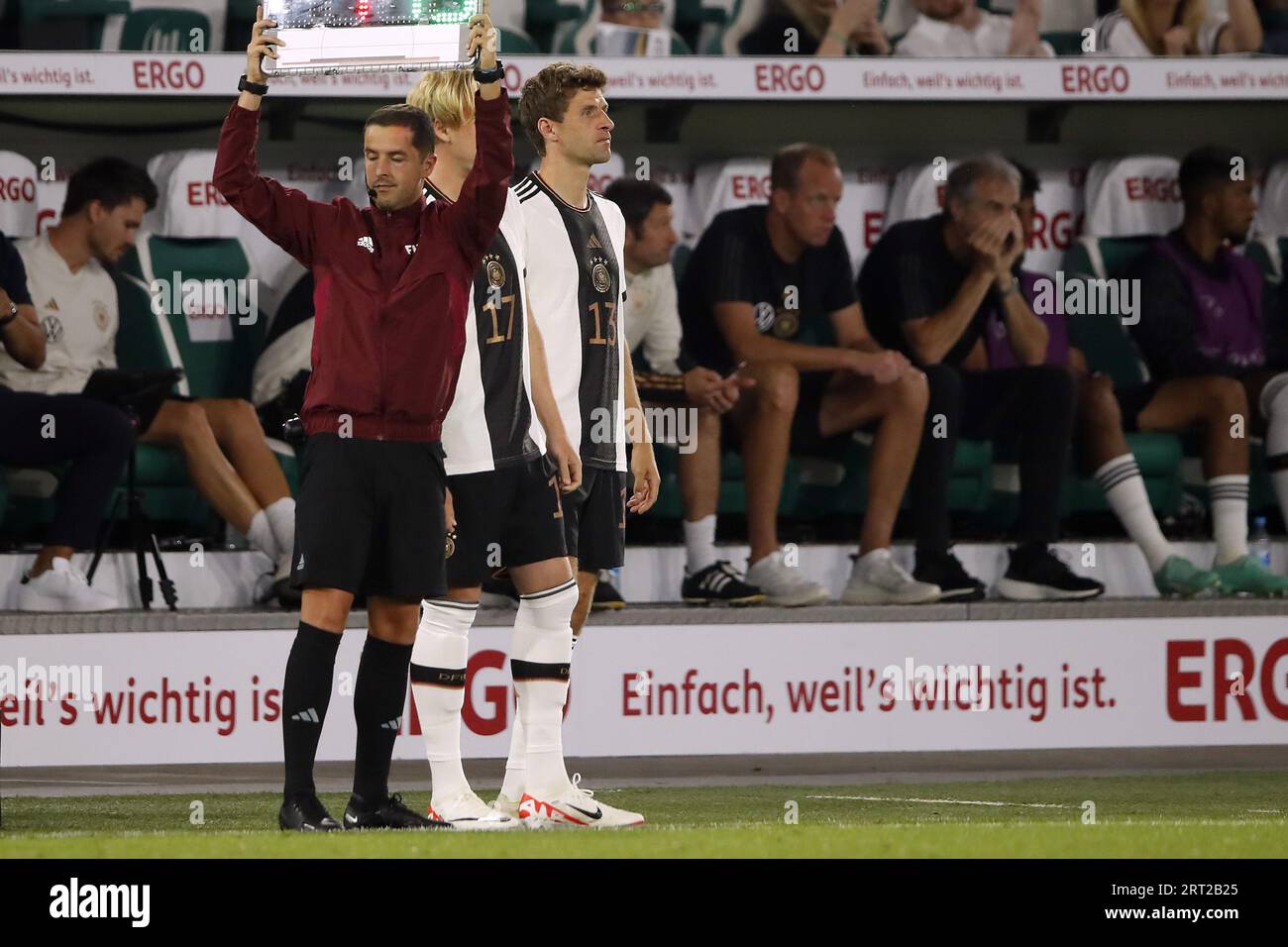 WOLFSBURG - (l-r) Julian Brandt of Germany, Thomas Muller of Germany during the friendly Interland match between Germany and Japan at the Volkswagen Arena on September 9, 2023 in Wolfsburg, Germany. ANP | Hollandse Hoogte | BART STOUTJESDIJK Stock Photo