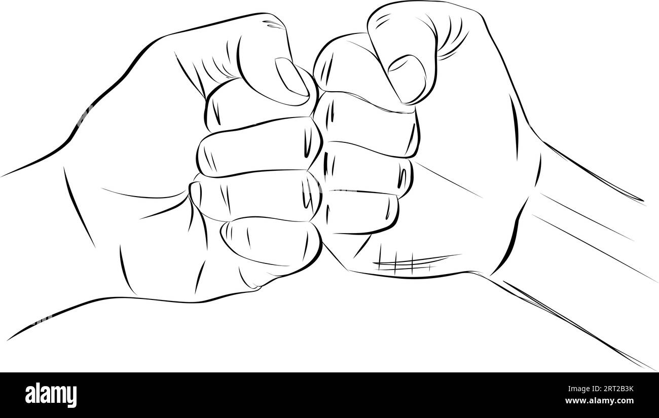 Fist bumping banner hand drawn with single line. Team work, partnership, friendship, friends, spirit hands gesture sketch concept Stock Vector