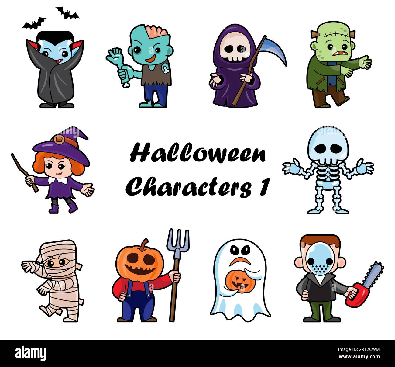 Cute halloween cartoon characters . White isolated background . Vector . Set 1 of 4 . Stock Vector