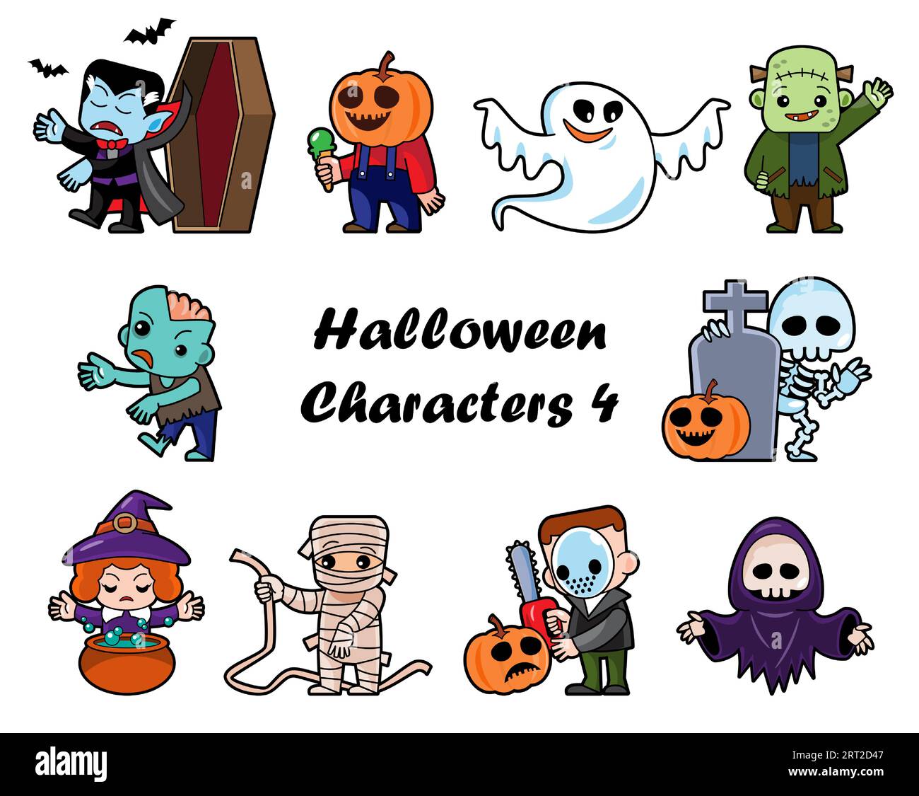 Cute halloween cartoon characters . White isolated background . Vector . Set 4 of 4 . Stock Vector
