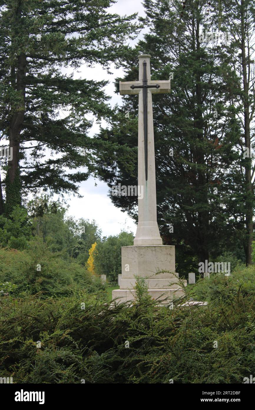 The Cross of Sacrifice, St Symphorien Military Cemetery - Commonwealth War Graves Commission - Mons Belgium Stock Photo