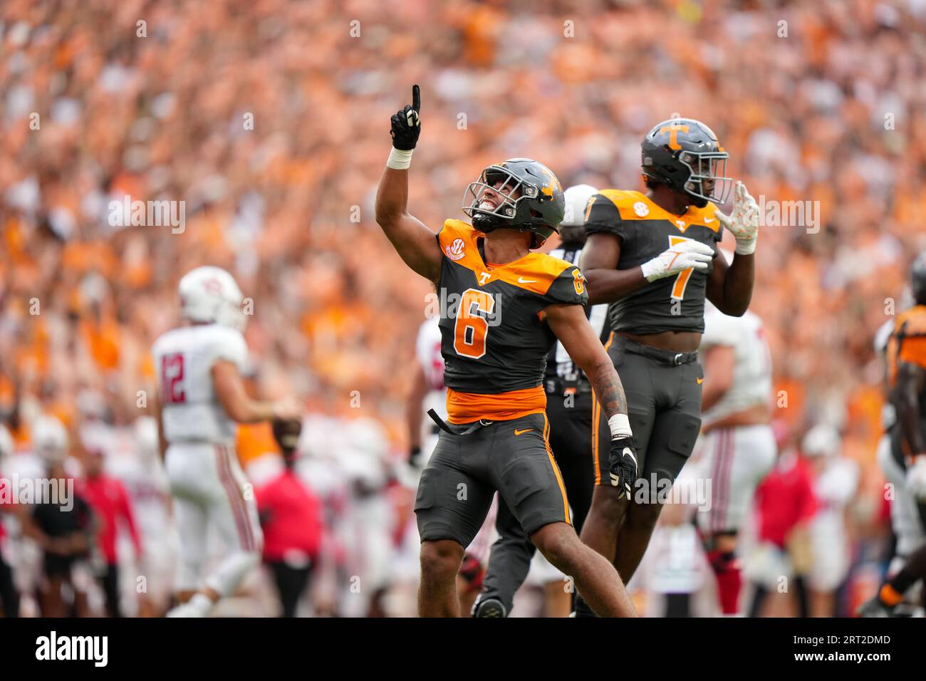 September 9, 2023 Aaron Beasley 6 of the Tennessee Volunteers celebrates a play during the