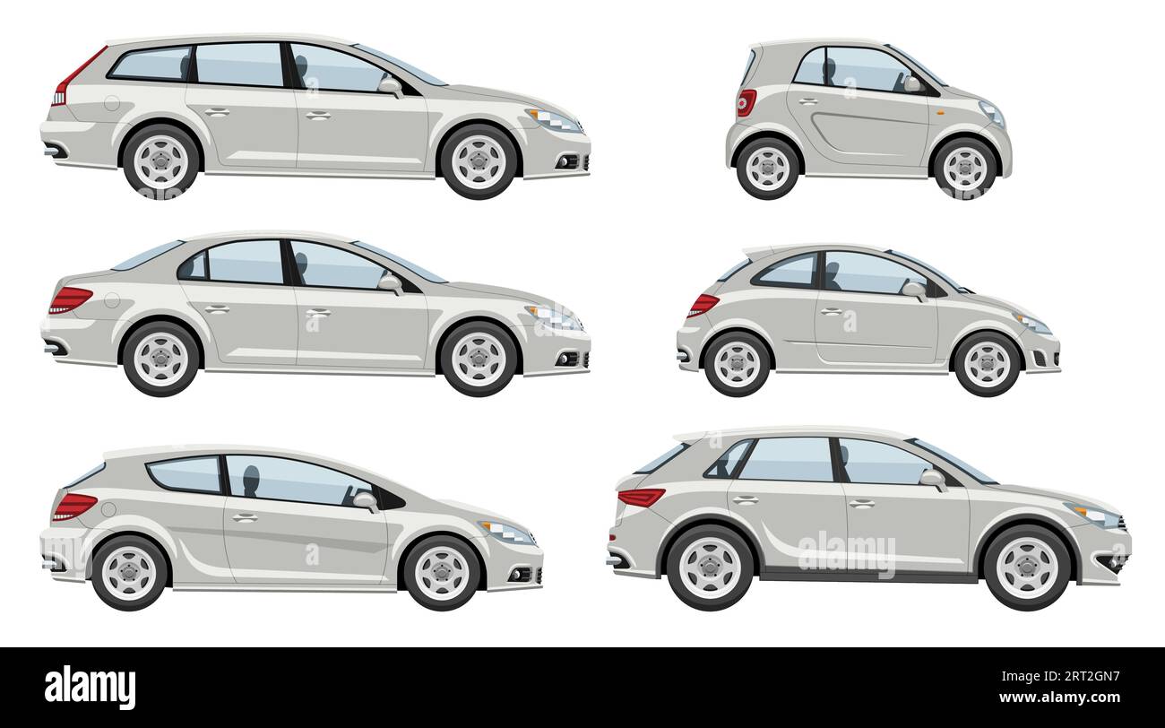 Cars vector set view from the side, simple colors without gradients and effects. Isolated vehicles on white background Stock Vector