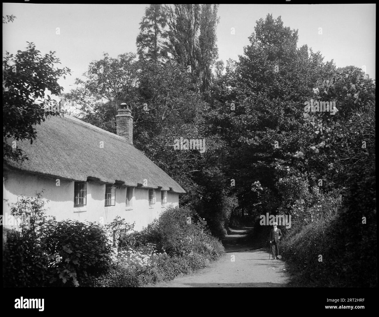 Dunster, West Somerset, Somerset, 1940-1953. View of a lane in Dunster with a low thatched cottage on the left and a man stood on the right side of the road.View of a lane in Dunster with a low cottage on the left side of the road. It has a thatched roof and five upper storey windows visible. The lower section of the house is obscured by foliage. On the right side of the road, opposite the cottage, is a man stood looking at the house, with a walking cane in his right hand and his left hand in his coat pocket. The lane behind him has overhanging trees on both sides. Stock Photo