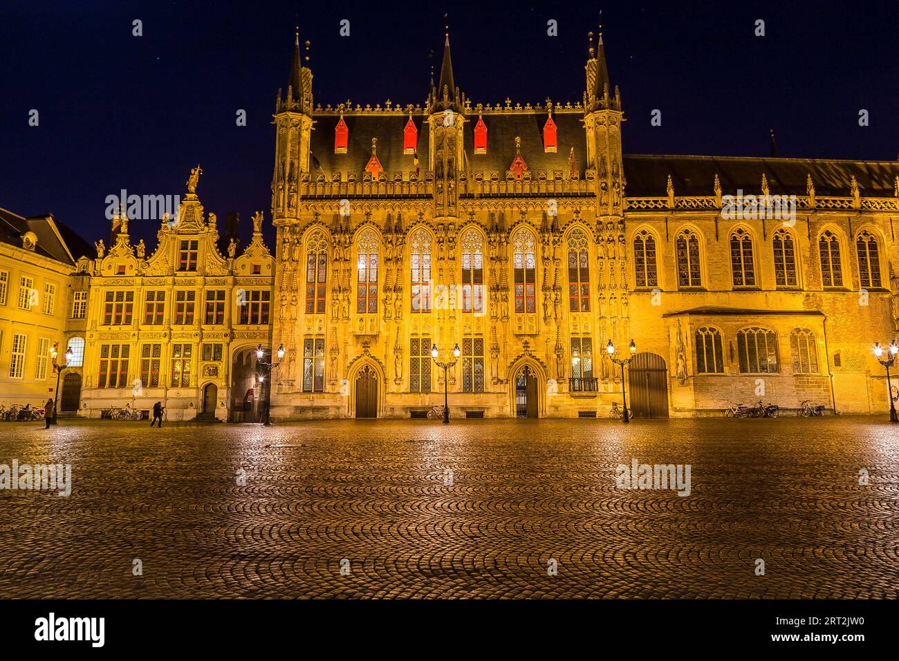 Architecture and streets in Bruges at night. Stock Photo