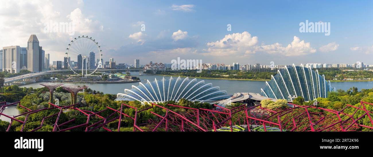 Gardens by the Bay, Flower Dome, Cloud Dome and Singapore Flyer from a Supertree, Singapore Stock Photo