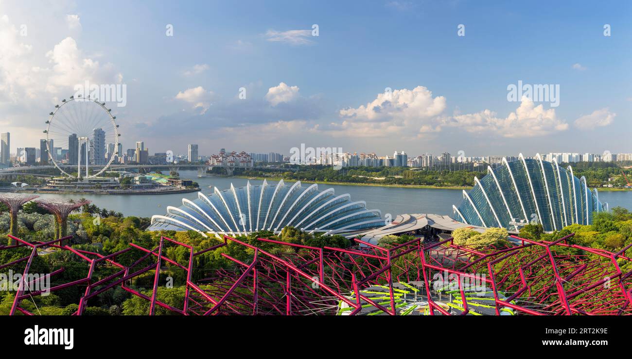 Gardens by the Bay, Flower Dome, Cloud Dome and Singapore Flyer from a Supertree, Singapore Stock Photo