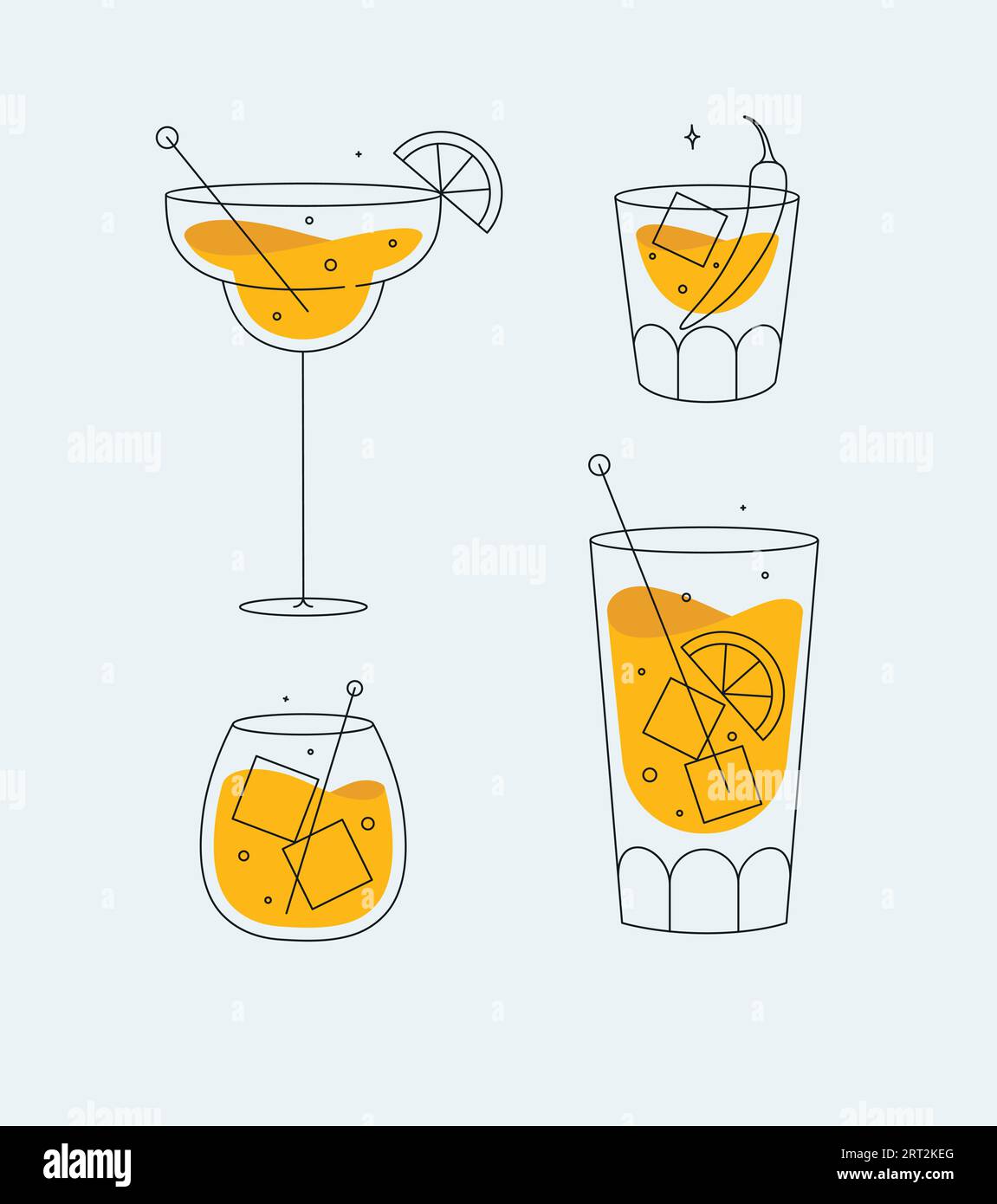 Cocktail glasses margarita whiskey long island old fashioned drawing in