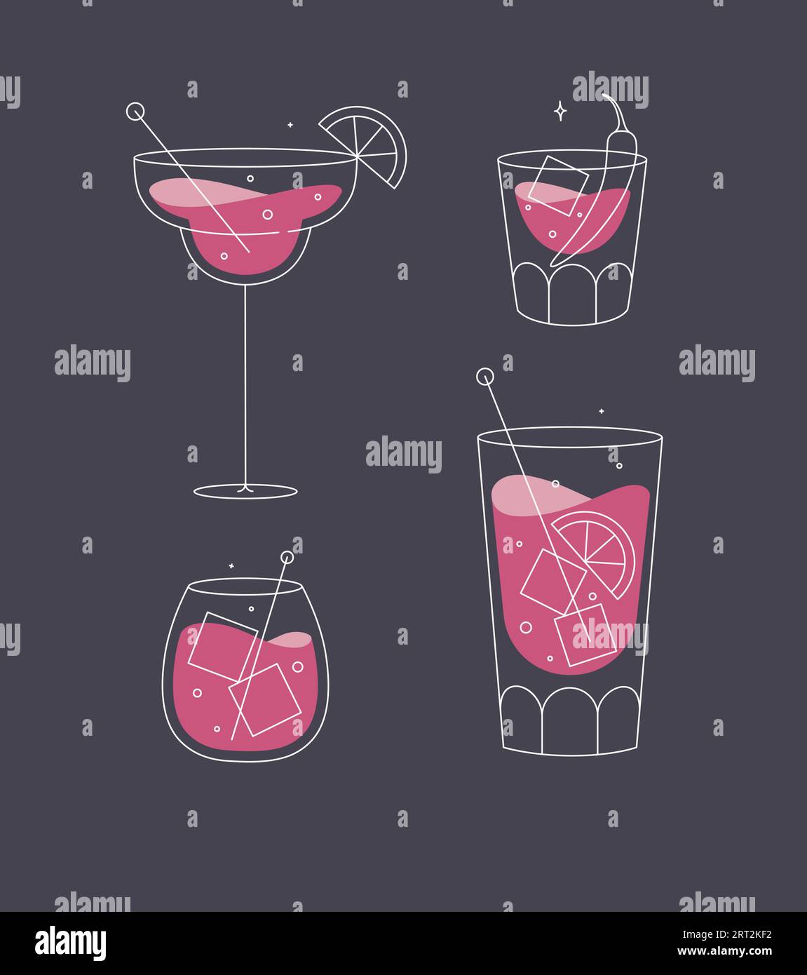 Cocktail glasses margarita whiskey long island old fashioned drawing in