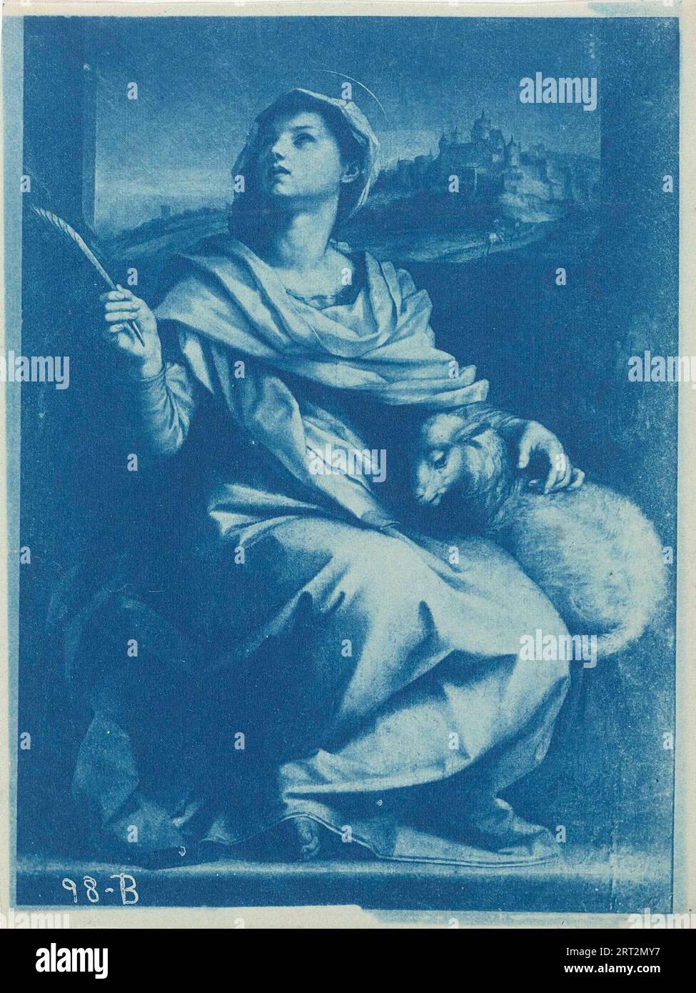 Cyanotype print, Photo reproduction of a painting of Saint Agnes of Rome in the Cathedral of Pisa, anonymous, after Andrea del Sarto, 1890 - 1905 Stock Photo
