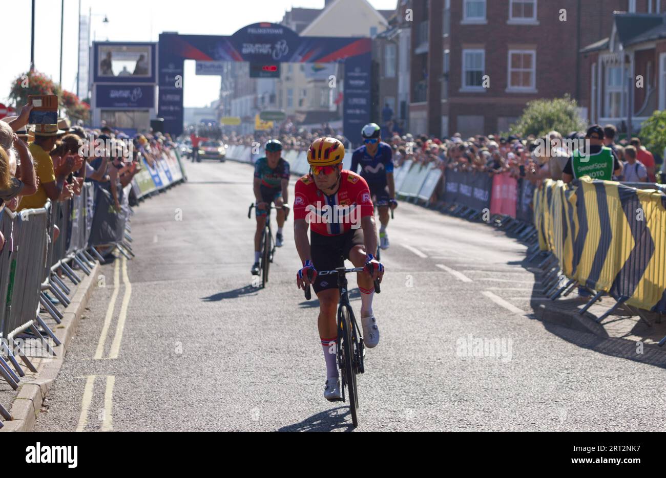 Tour of Britain cycling stage 5 at Felixstowe 2023. Norwegian champion Fredrik Dversnes riding for Uno-X Pro Cycling Team finishes the race. Stock Photo