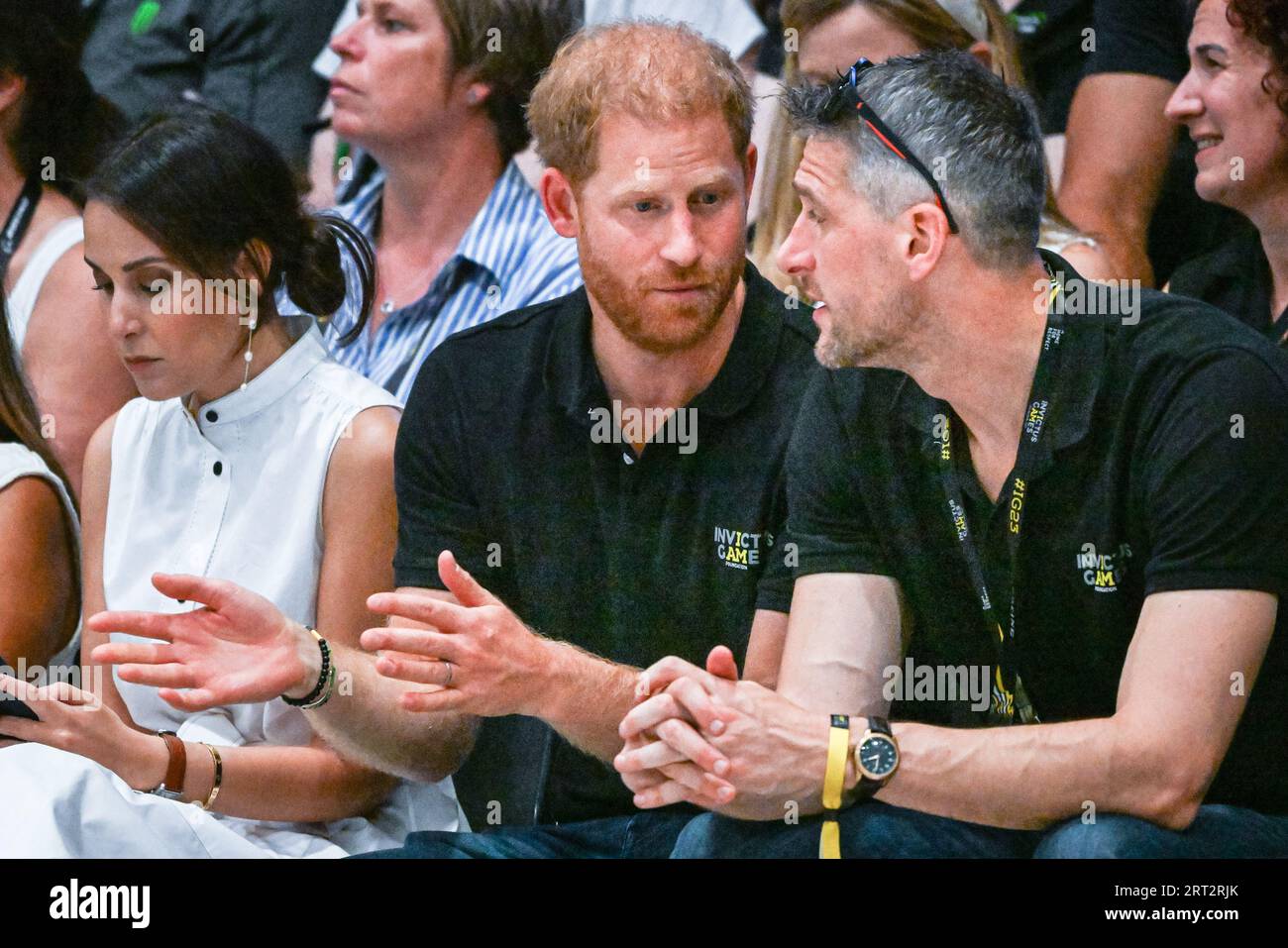 Düsseldorf, Germany. 10th Sep, 2023. Prince Harry, the Duke of Sussex watches New Zealand v Canada in the wheelchair rugby and chats to invitees and spectators. The Invictus Games 2023 Day 1 of competitions. The motto of the Invictus Games Düsseldorf is 'A Home for Respect', which characterises the spirit of the games. 21 nations take part in the games this year. Credit: Imageplotter/Alamy Live News Stock Photo