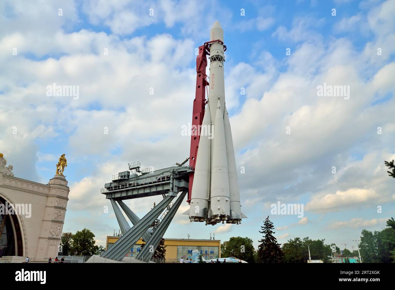 Moscow, Russia, august 12, 2019: Vostok rocket and launcher at the Exhibition of achievements of the national economy, All-Russian Exhibition Center Stock Photo