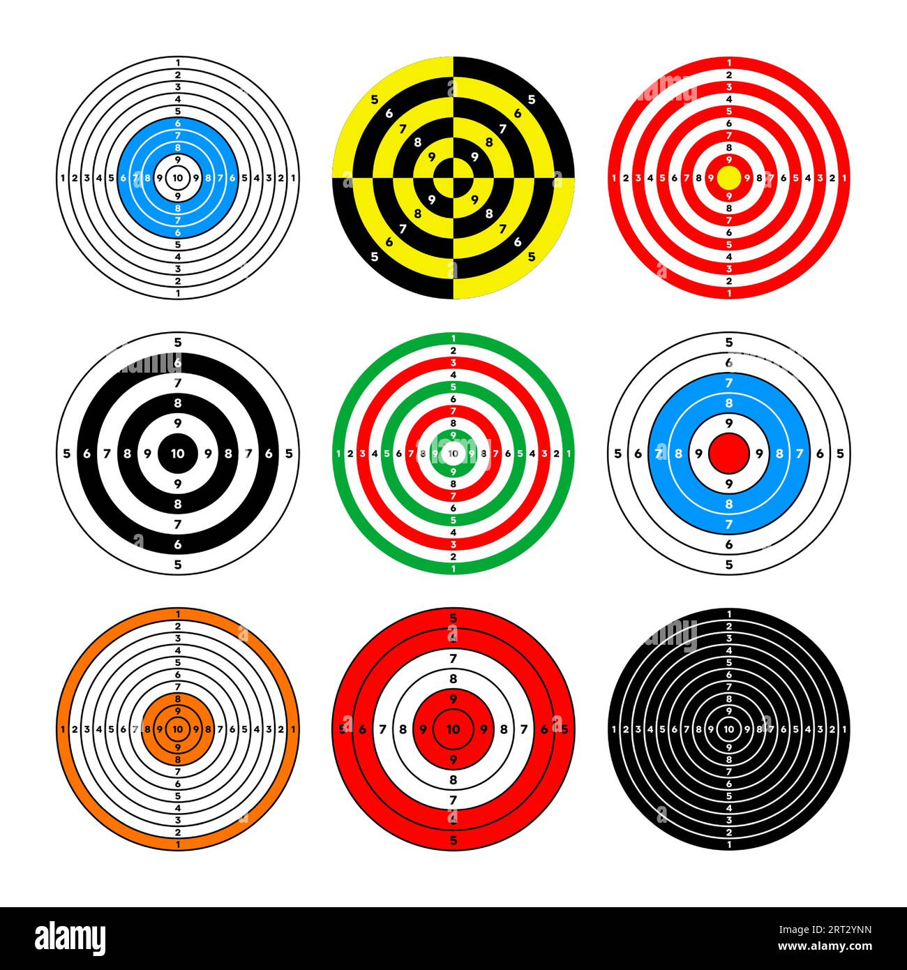 Shooting range paper targets. Round target with divisions, marks and numbers. Archery, gun shooting practise and training, sport competition and Stock Vector