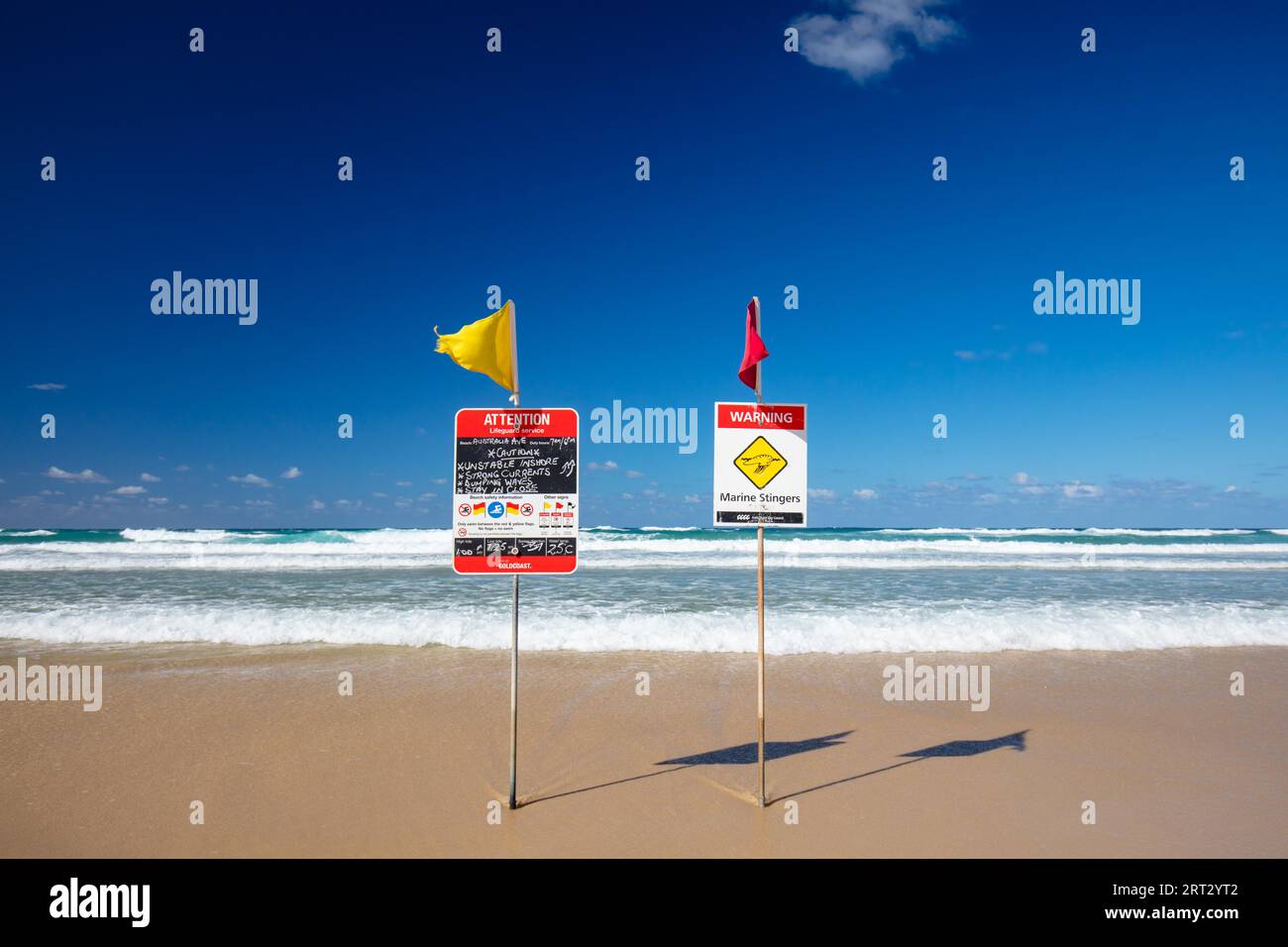 Surf lifesaving flags on a hot sunny day in Broadbeach, Gold Coast, Queensland, Australia Stock Photo