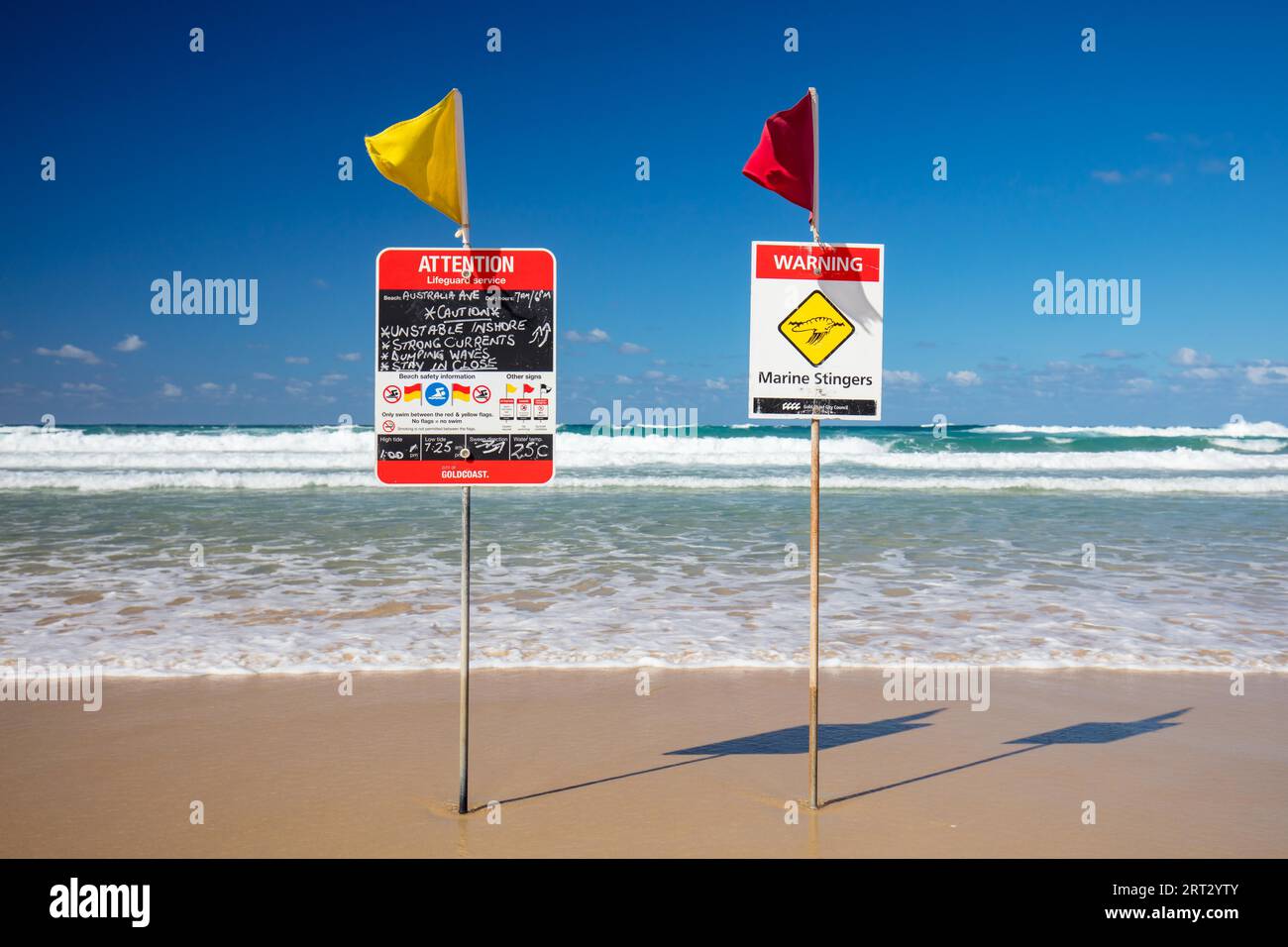 Surf lifesaving flags on a hot sunny day in Broadbeach, Gold Coast, Queensland, Australia Stock Photo