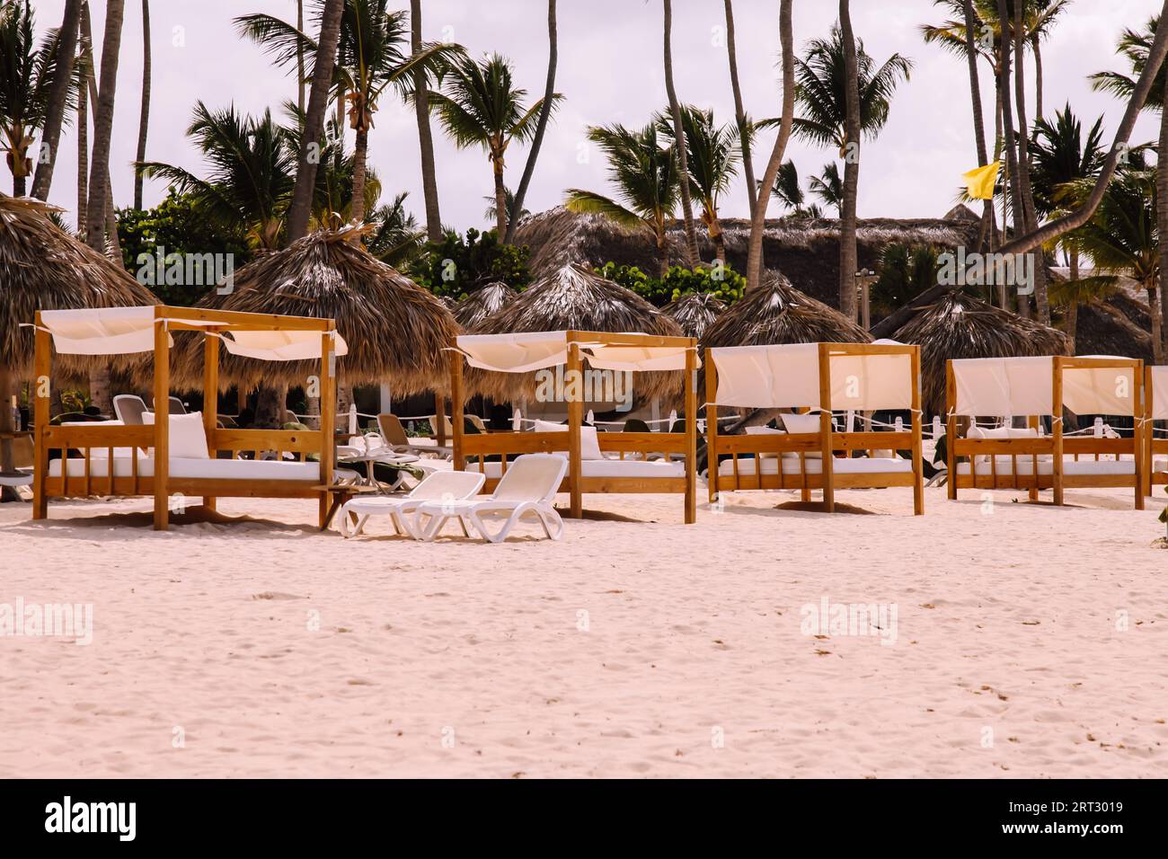 Wooden framed Cabanas on the beach in Caribbean, Dominican Republic, Punta Cana 2023 Stock Photo