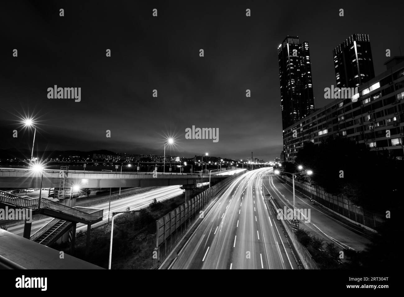 A night time view from Dongjak Bridge towards Ichon in Seoul, South Korea Stock Photo