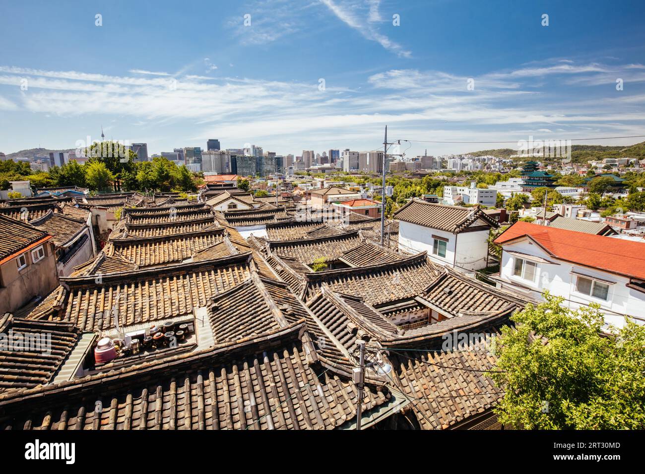 A view across rooftops in Bukchon Hanok Village. This area is a Korean ...
