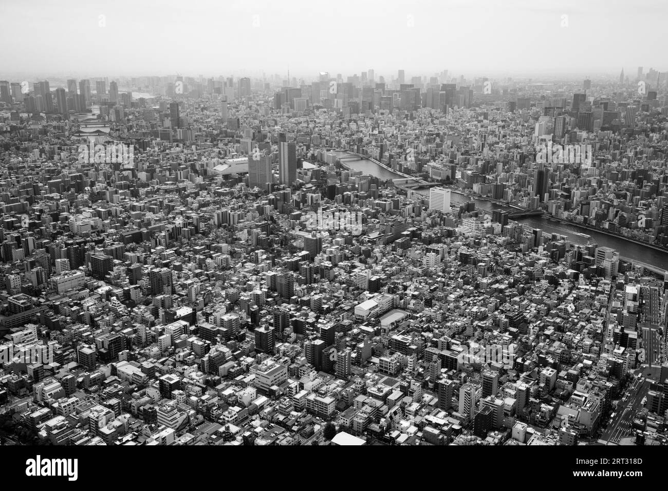 An aerial shot of the Tokyo skyline from the tallest tower in the world, the Tokyo Skytree, in downtown Tokyo, Japan Stock Photo