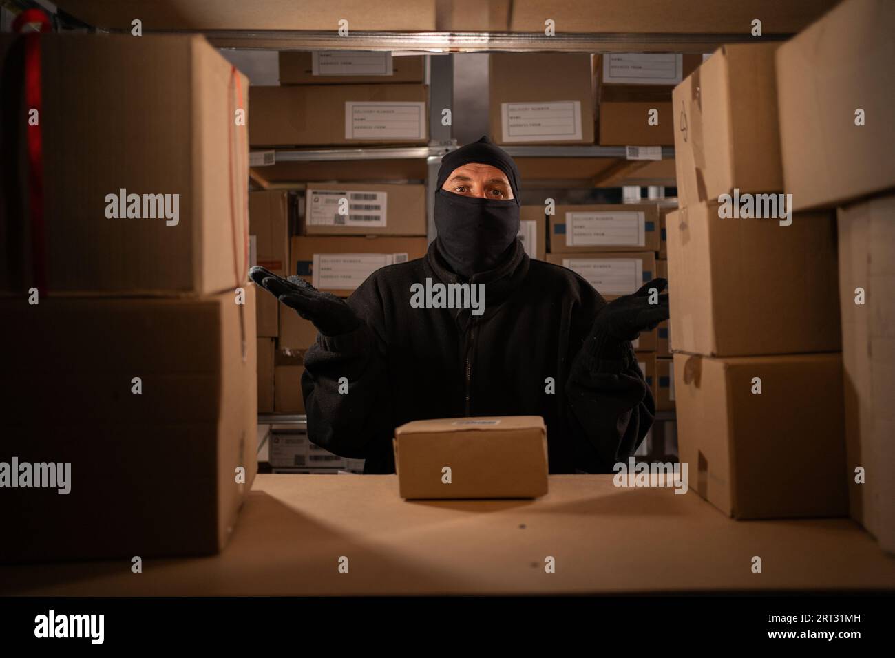 Thief caught redhanded in a warehouse with cardboard boxes, warehouse and store security