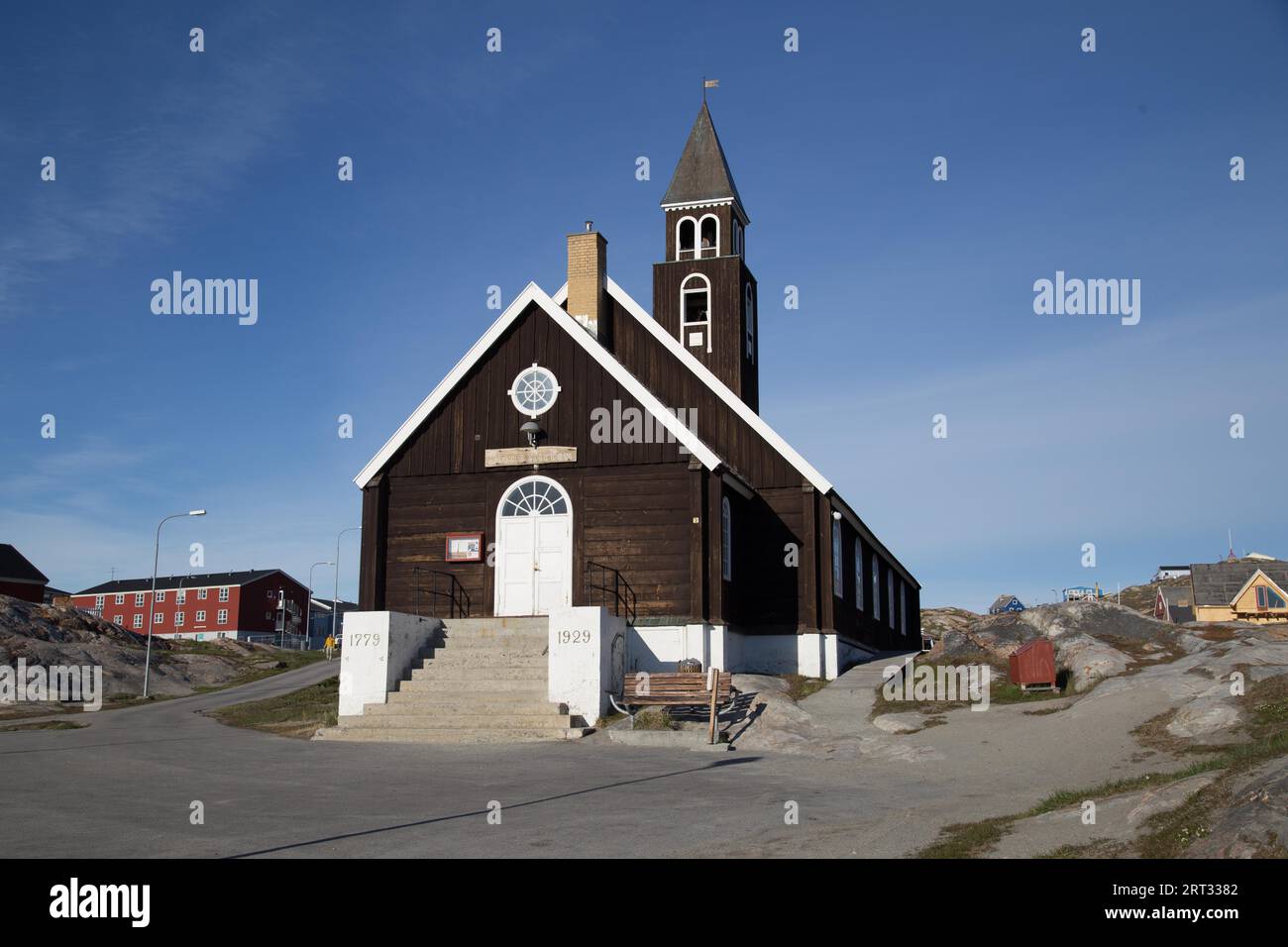 Ilulissat, Greenland, June 30, 2018: Exterior view of the old wooden Zion's Church, one of the northernmost churches in the world Stock Photo