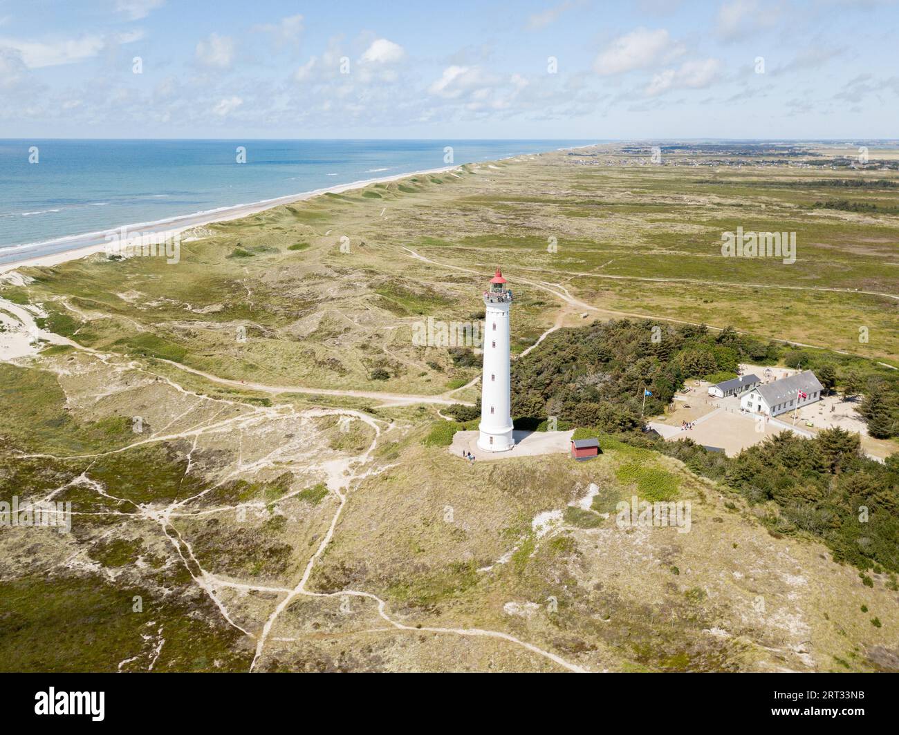 Sande Denmark Hvide Sande, Denmark, July 10, 2019: Aerial drone view of Lyngvig ...