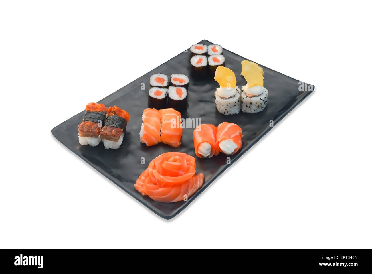 Japanese food set Sushi roll, sashimi blossom, nigiri isolated on white background Stock Photo