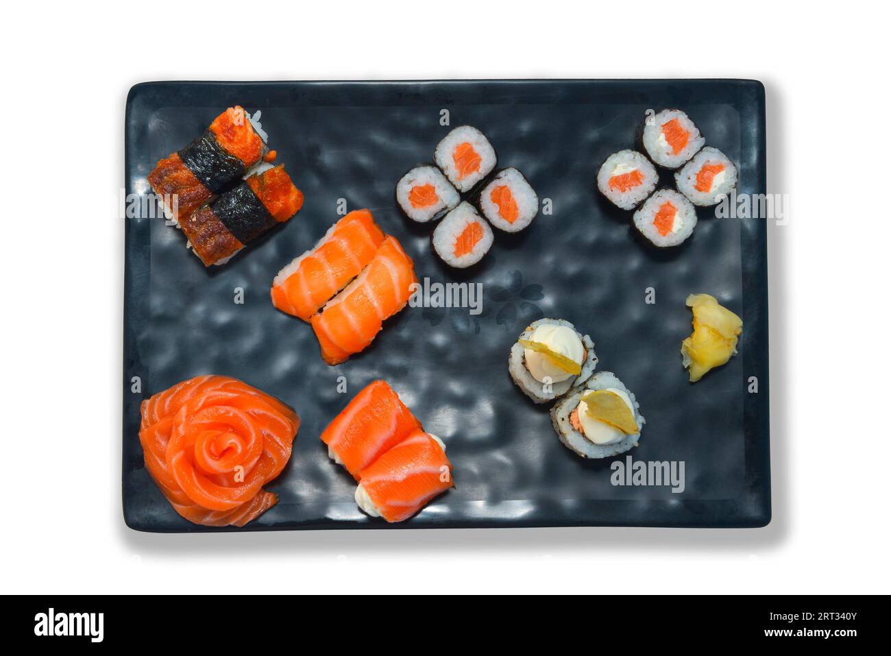 Japanese food set Sushi roll, sashimi blossom, nigiri. isolated on white background Stock Photo