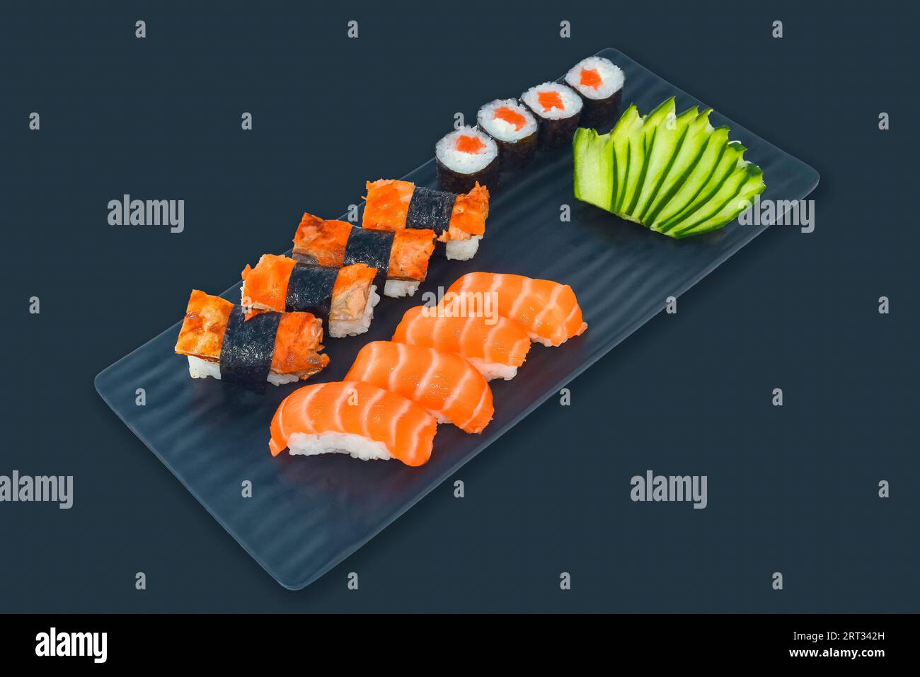 Japanese food set Sushi roll, sashimi, nigiri on black background Stock Photo