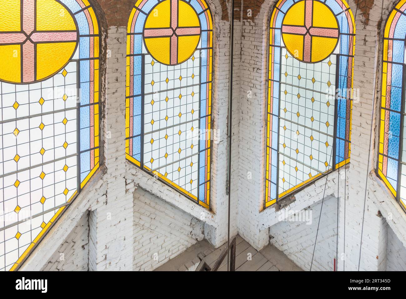 Stained glass windows inside the catholic cathedral church Stock Photo ...
