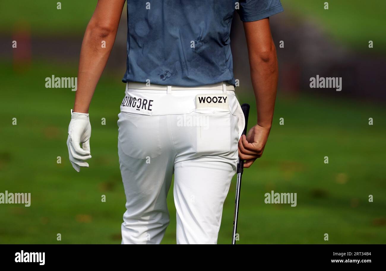 The scorecard of Min Woo Lee in hi back pocket during day four of the 2023 Horizon Irish Open at The K Club, County Kildare. Picture date: Sunday September 10, 2023. Stock Photo