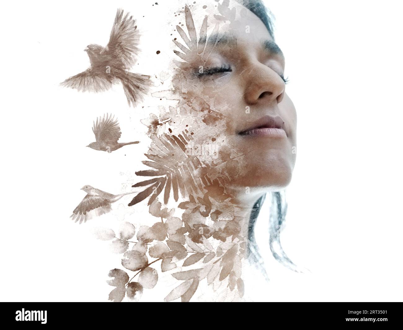 A conceptual paintography portrait of a woman with eyes closed and ...