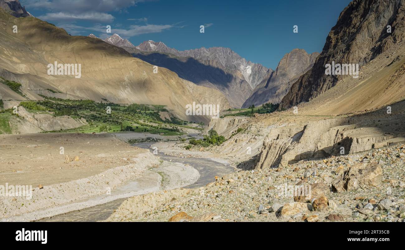 Beautiful valley with stream in Karakoram Mountains in Pakistan Stock Photo