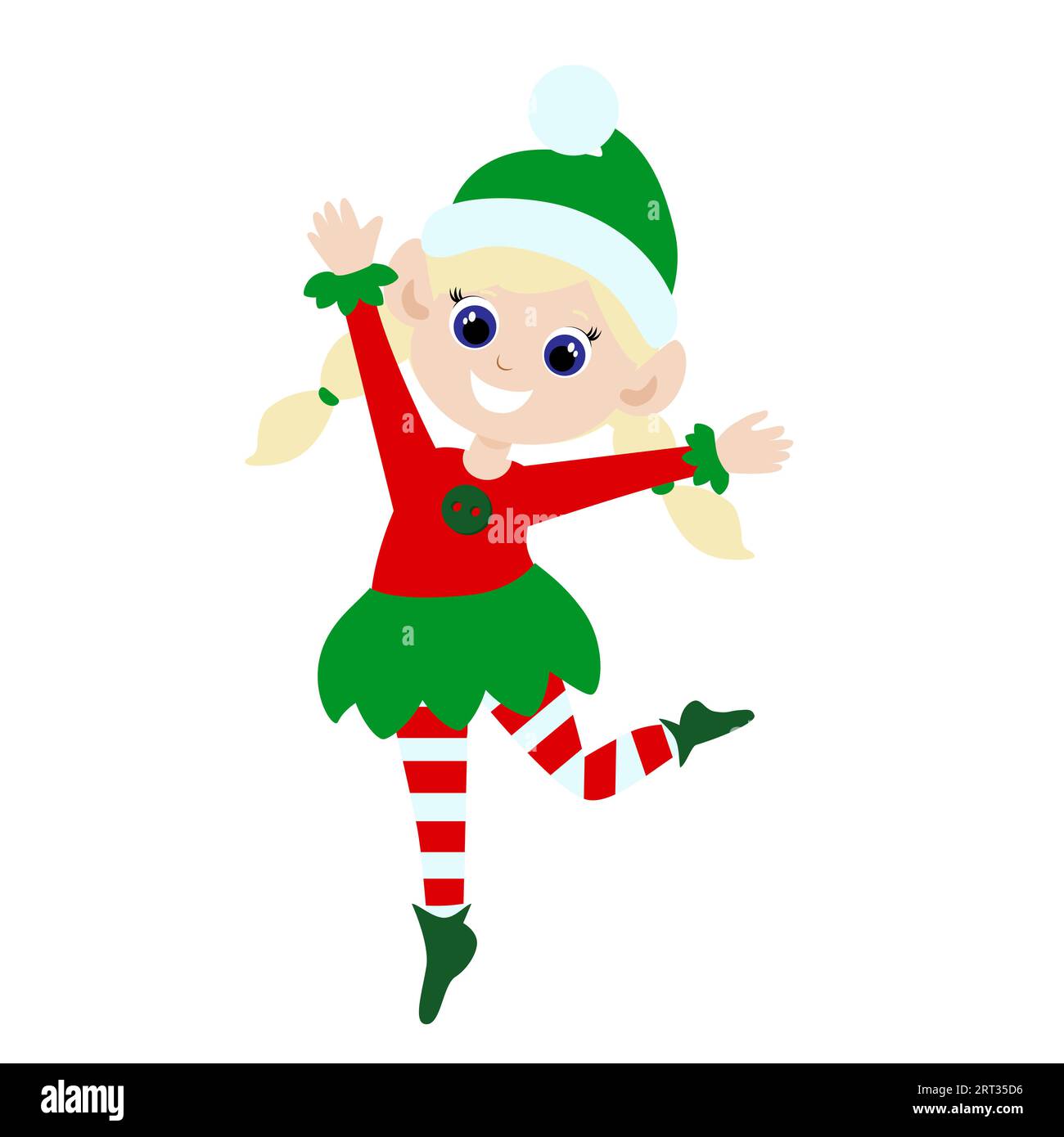 Little cute elf girl is jumping in delight. The child is dressed in an elf costume and she is happy. Cartoon vector illustration isolated. Stock Vector