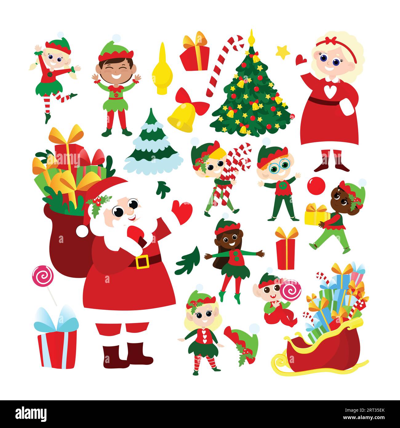 Set of Santa Claus, Mrs. Santa Claus, elves, Christmas trees and lollipops in cartoon style isolated on white background. Cute and positive Christmas Stock Vector