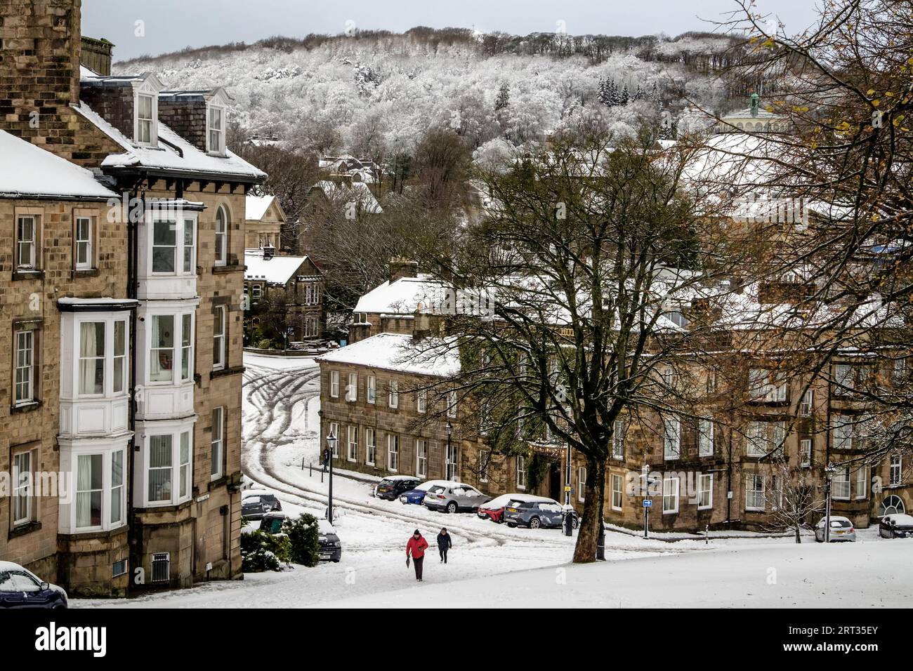 The Old Hall Hotel in The centre of Buxton in Derbyshire under a covering of winter snow Stock Photo
