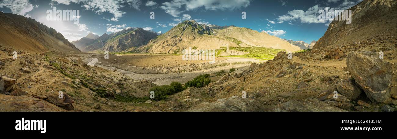 Scenic panorama of a valley in Karakoram Mountains in Pakistan Stock Photo