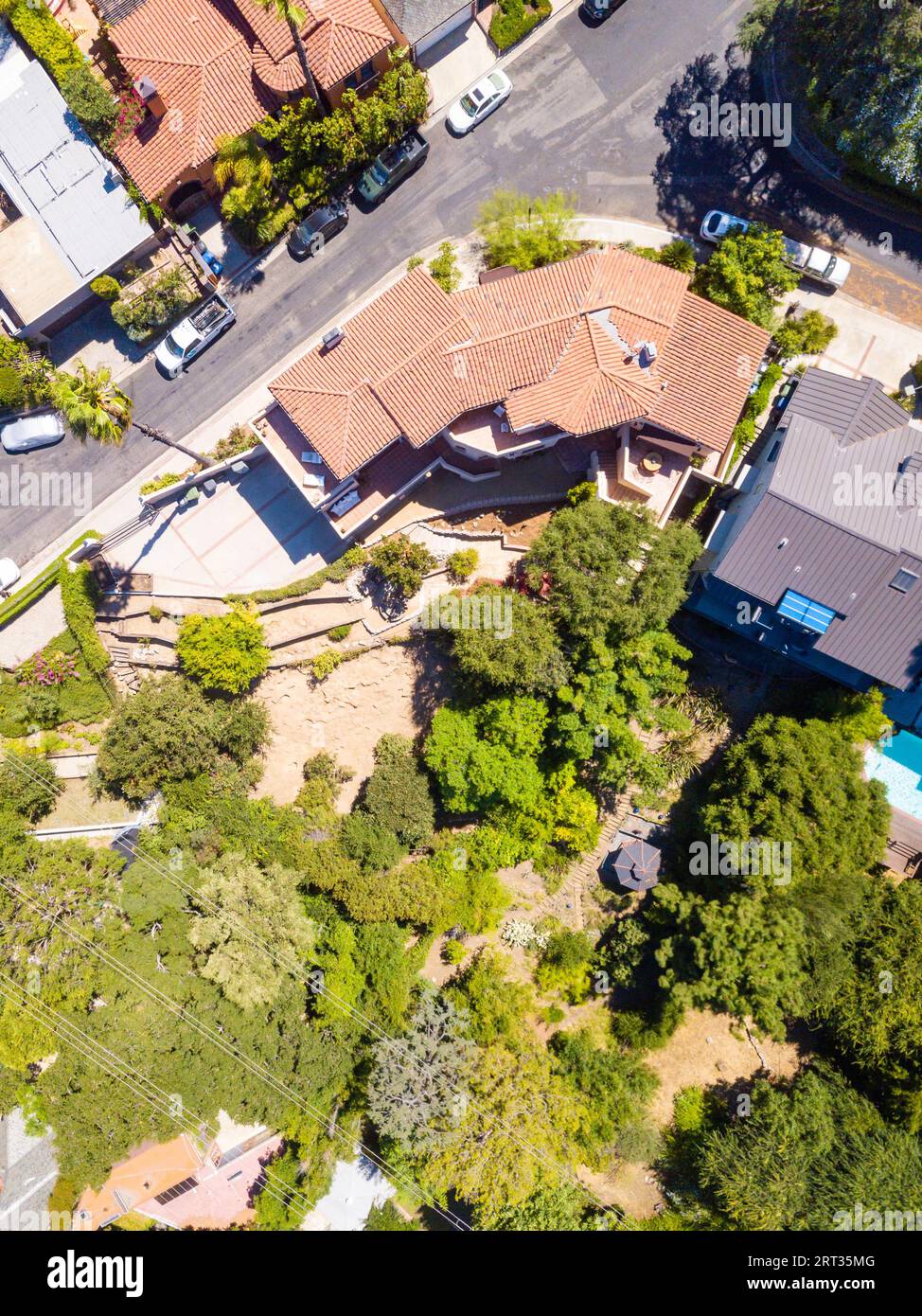Aerial view of the Los Feliz neighborhood with large houses in the