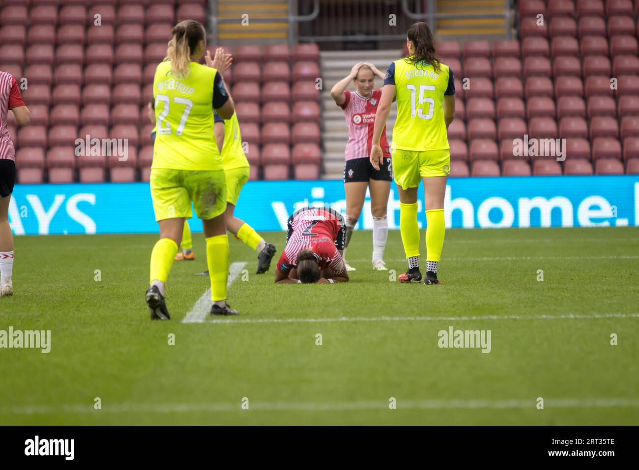 Southampton, UK. 10th Sep, 2023. Lexi Lloyd Smith (7 Southampton) with her  head in her hands during the Barclays Womens Championship game between  Southampton and Sunderland at St Marys Stadium, Southampton. (Tom