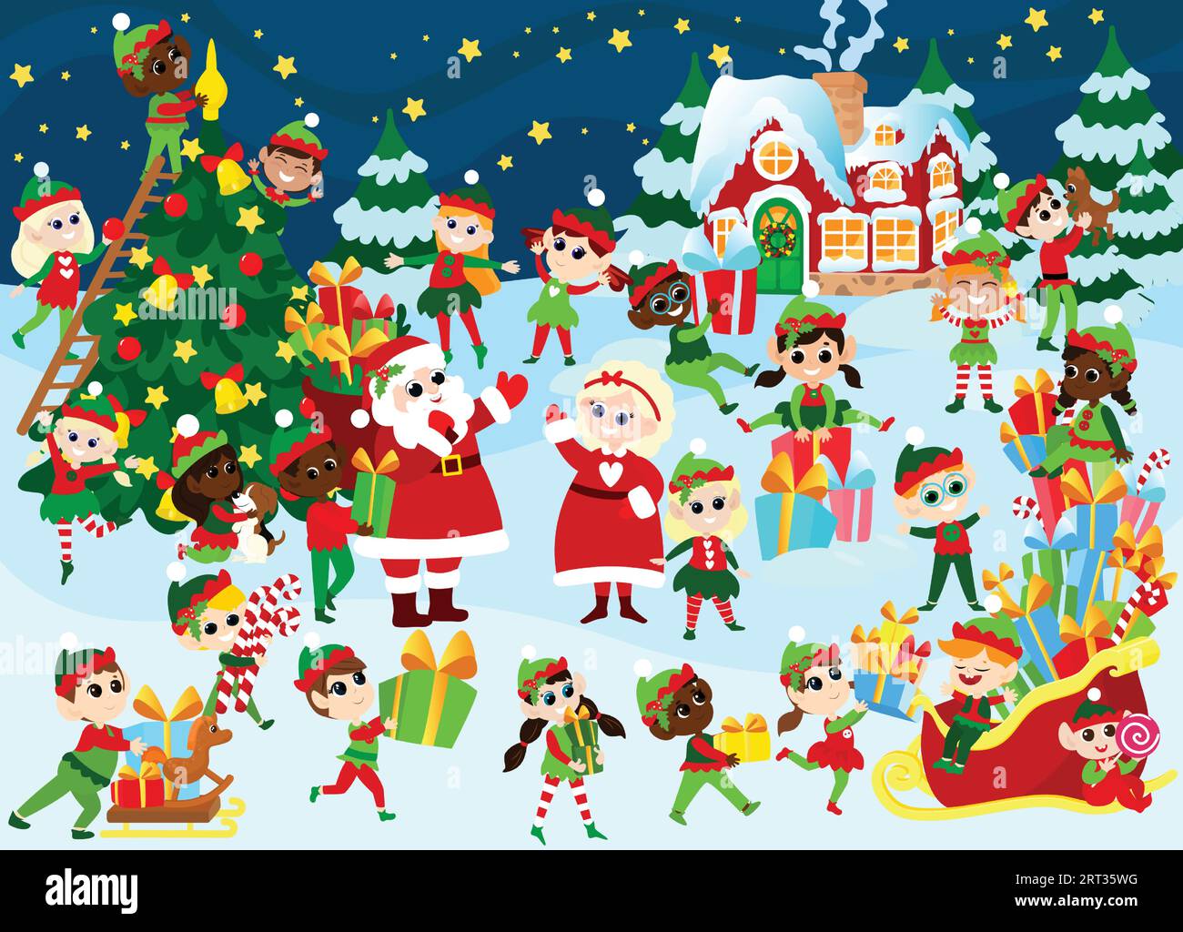 The night before Christmas in front of Santa Claus' house. Santa Claus and Mrs. Santa Claus stand in front of the house, and little elves. Stock Vector