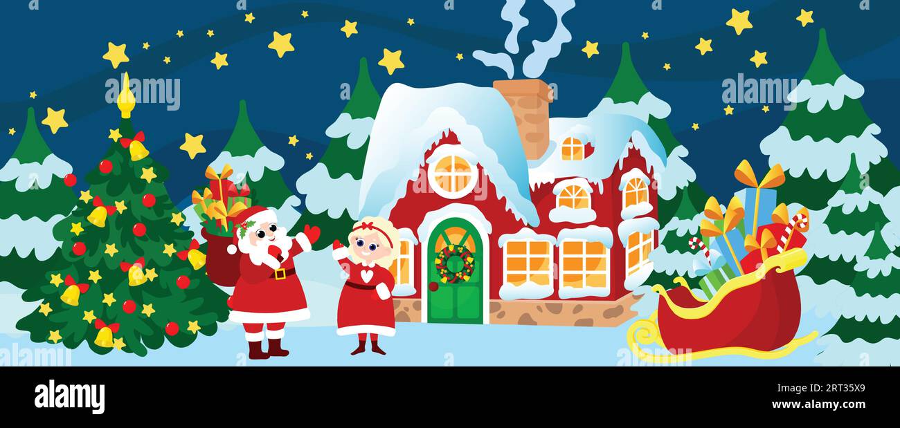 Night or evening on the eve of Christmas and a cozy house in the middle of a snowy valley and fir trees. Santa and Mrs. Santa Claus are standing. Stock Vector