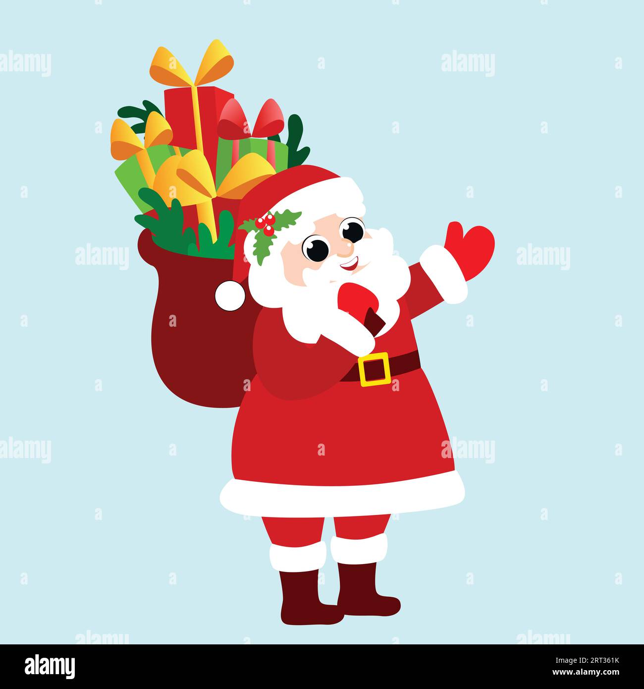 Joyful Santa Claus with a bag of Christmas gifts in cartoon style. Santa stands sideways and waves his hand. Stock Vector