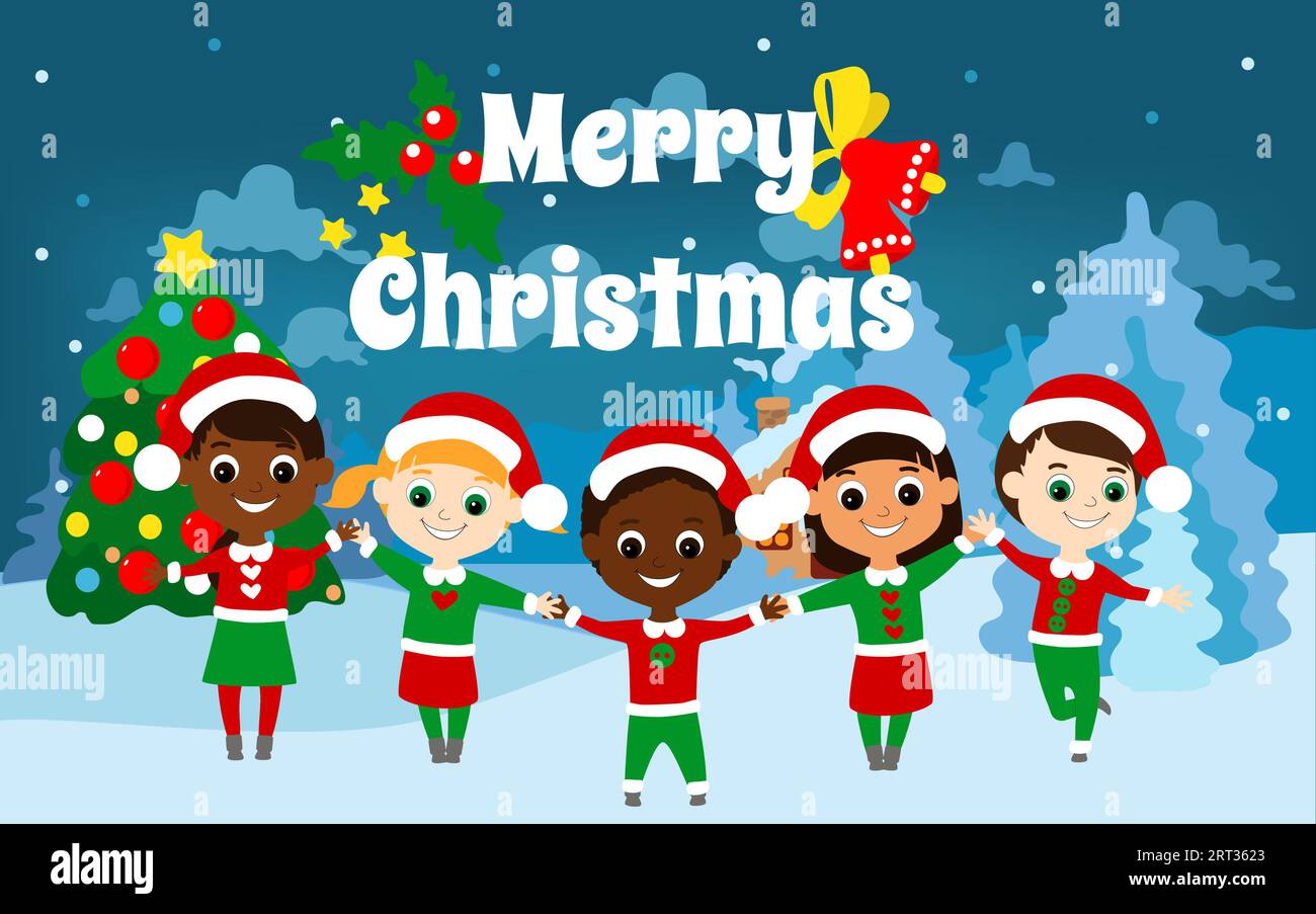 Cheerful happy children of different nationalities stand holding hands in front of Santa Claus house at Christmas. Children are dressed in traditional Stock Vector