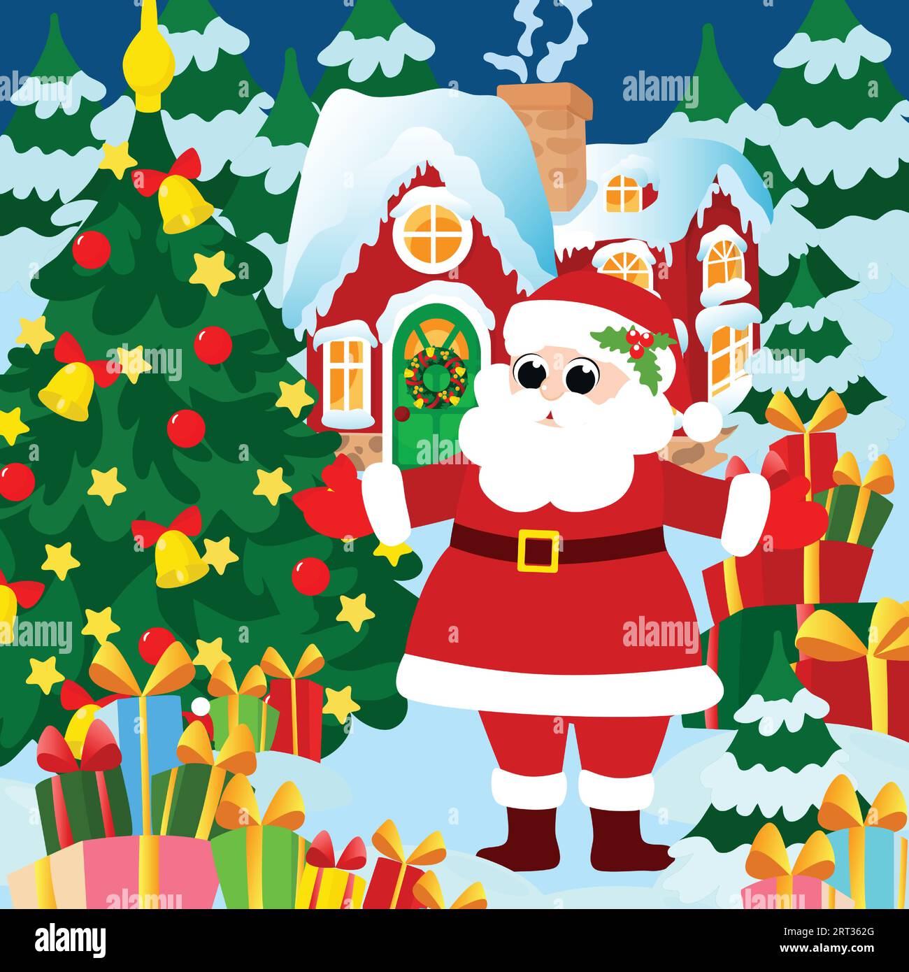 Santa Claus is standing outside near the Christmas tree. Winter landscape near Santa's snowy house. Mood of happiness. Illustration for printable chil Stock Vector