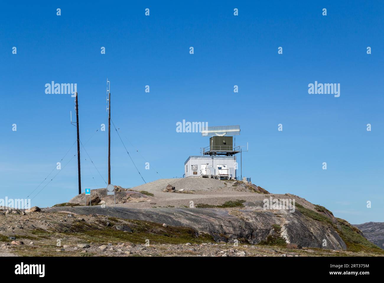 Kangerlussuaq, Greenland, July 13, 2018: Radar Tower Station close to the aiport. Kangerlussuaq is a settlement in western Greenland and Greenland's Stock Photo